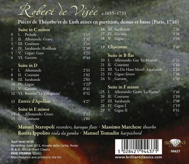 De Visee: La Musique De La Chambre Du Roy Vol 2 / Marchese, Ippolito, Tomadin, Staropoli