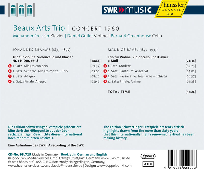 Beaux Arts Trio: Concert 1960 - Maurice Ravel, Johannes Brahms