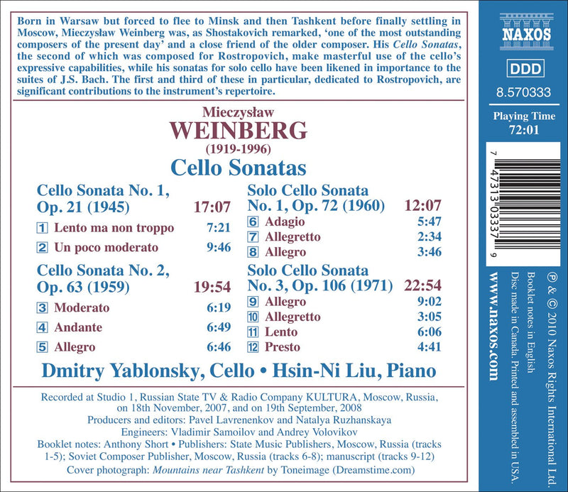 Weinberg: Cello Sonatas / Yablonsky, Liu