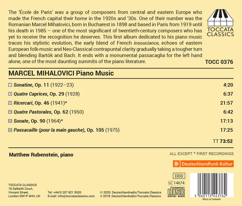 Marcel Mihalovici: Piano Music / Matthew Rubenstein