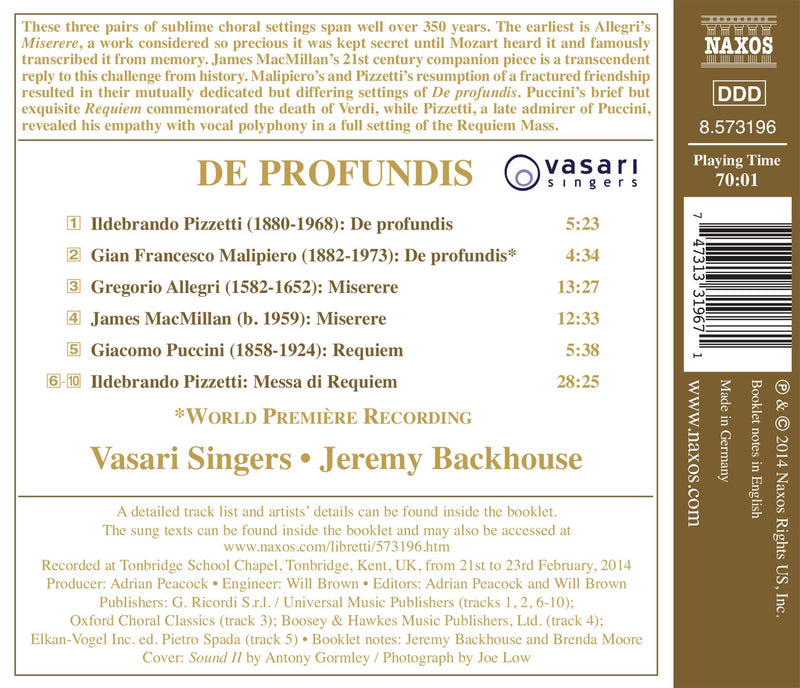De Profundis, Miserere, Requiem / Backhouse, Vasari Singers