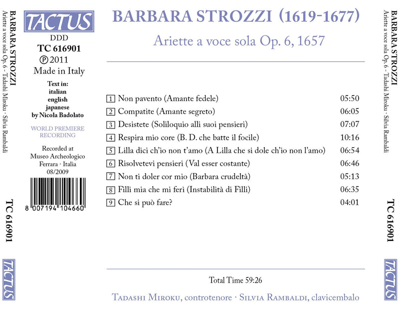 Barbara Strozzi: Ariette a voce sola, Op. 6 / Miroku, Rambaldi
