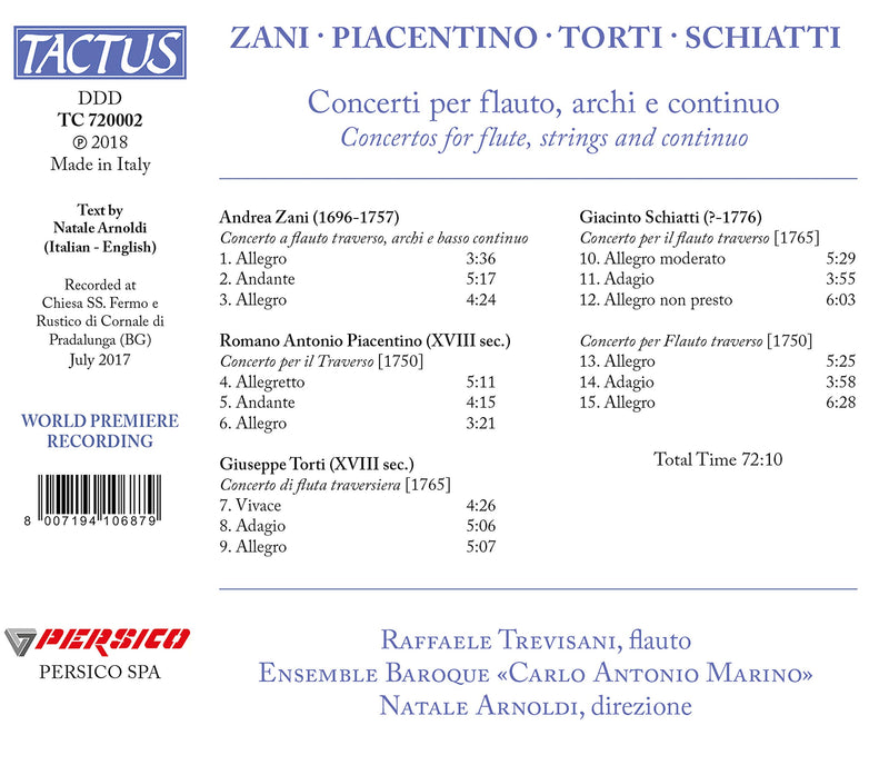 Zani, Piacentino, Torti & Schiatti: Concerti per plauto, archi e continuo / Trevisani