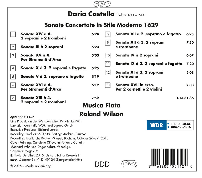 Castello: Sonate concertate 1629 / Wilson, Musica Fiata