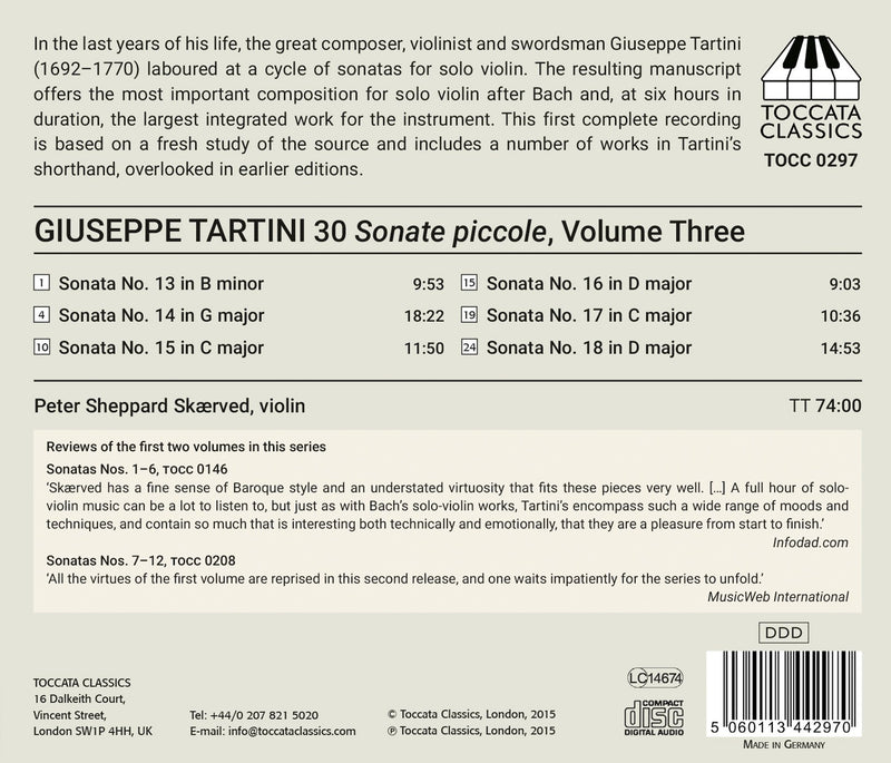Giuseppe Tartini: 30 Sonate Piccole For Solo Violin, Vol. 3 - Sonatas Nos. 13-18