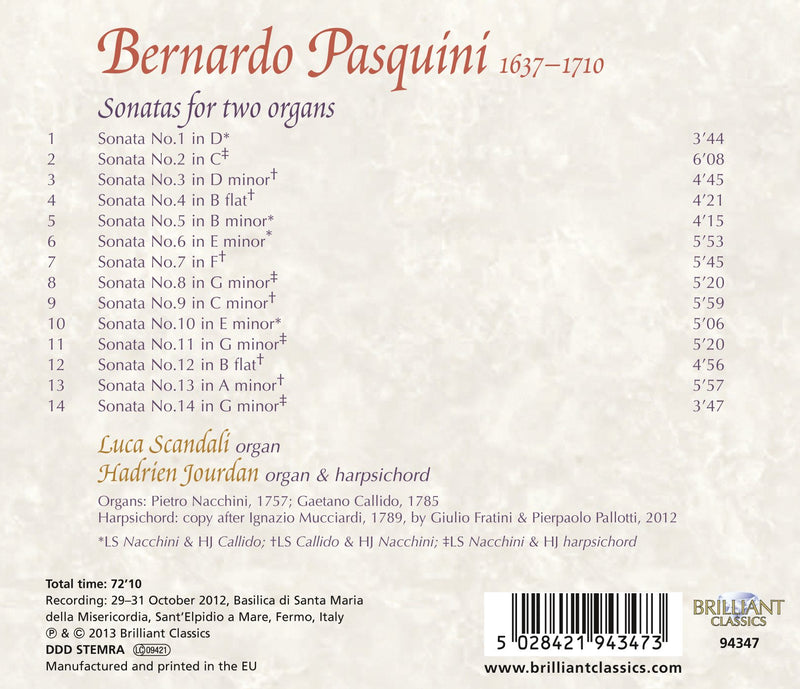 Pasquini: Sonatas For Two Organs / Luca Scandali, Hadrien Jourdan