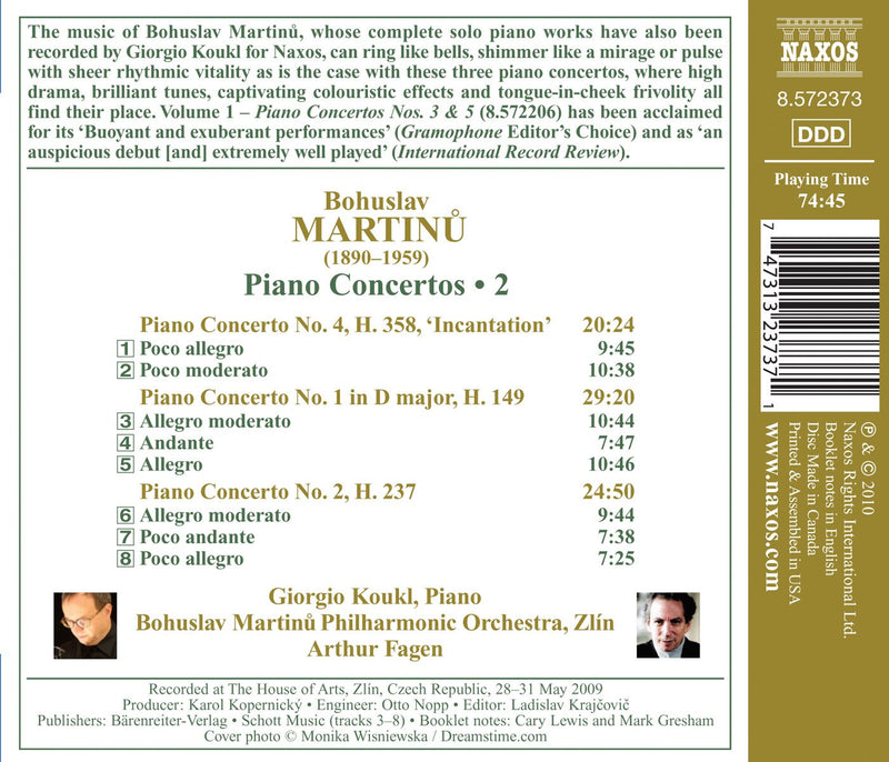 Martinu: Piano Concertos 1, 2 & 4 / Giorgio Koukl, Arthur Fagen, Martinu Philharmonic