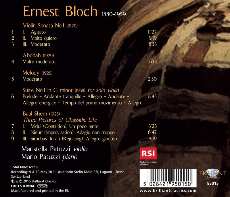 Bloch: Music for Violin and Piano / Maristella and Mario Patuzzi
