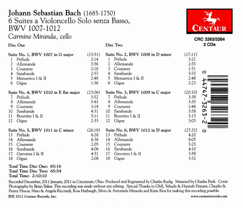 Bach: 6 Cello Suites / Carmine Miranda