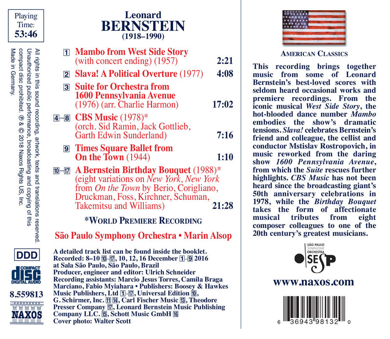 Bernstein: 1600 Pennsylvania Avenue Suite, Slava!, CBS Music & A Bernstein Birthday Bouquet / Alsop, Sao Paulo Symphony Orchestra
