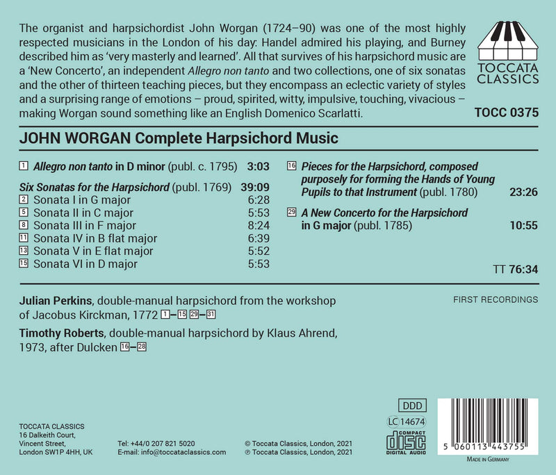 Worgan: Complete Harpsichord Music / Julian Perkins, Timothy Roberts