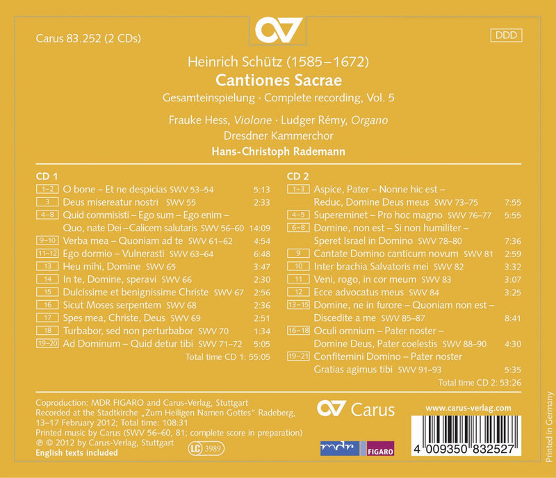 Schutz: Cantiones Sacrae / Rademann, Dresdner Kammerchor