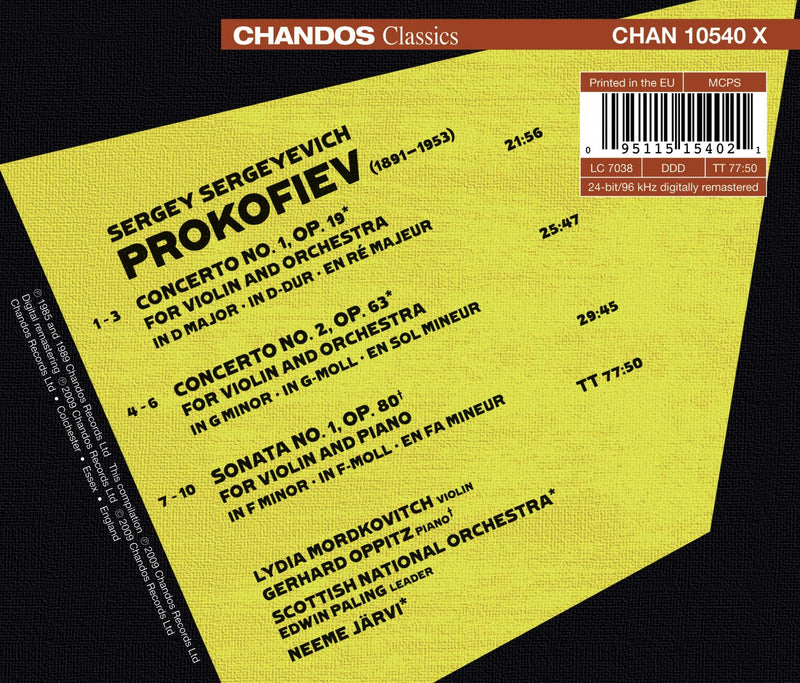 Prokofiev: Violin Concertos No 1 & 2, Violin Sonata No 1 / Mordkovitch, Oppitz, Jarvi, Scottish NO