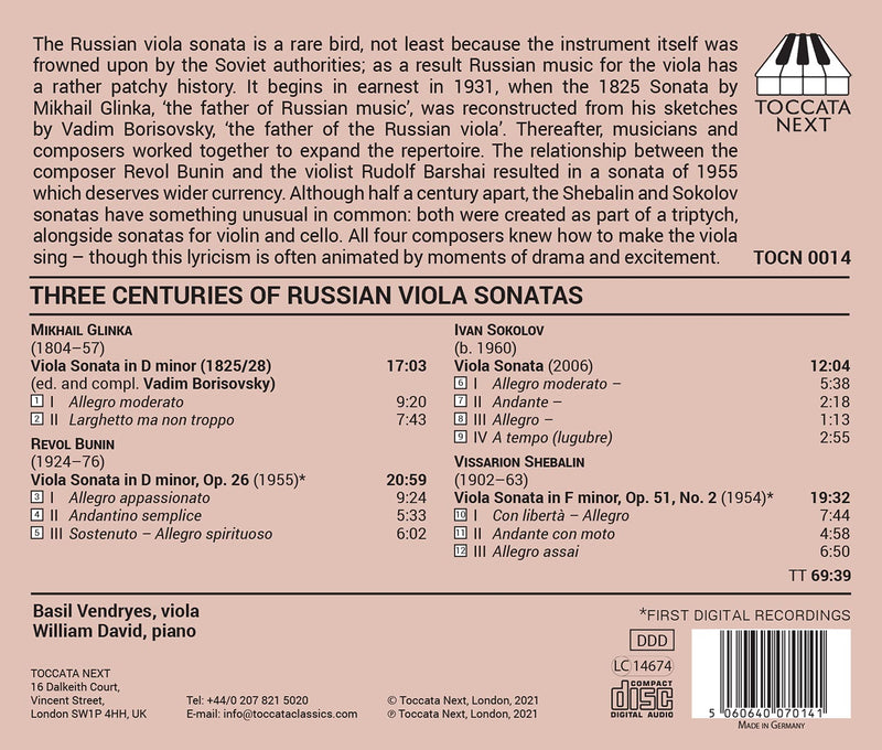 Bunin, Glinka, Sokolov, Shebalin: Three Centuries of Russian Viola Sonatas / Vendryes, David