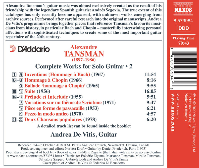 Tansman: Complete Works for Solo Guitar, Vol. 2 / De Vitis