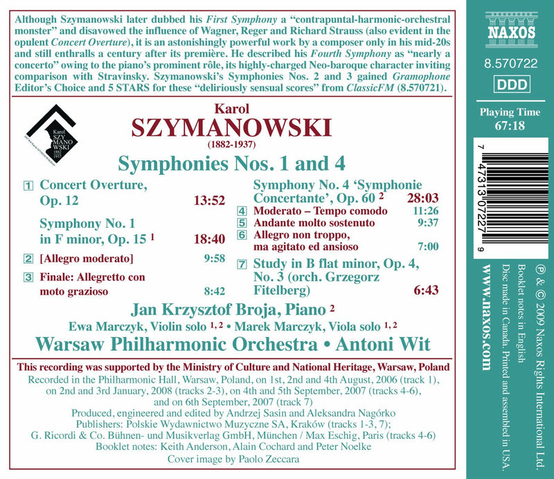Szymanowski: Symphonies No 1 & 4, Concert Overture / Wit, Warsaw PO