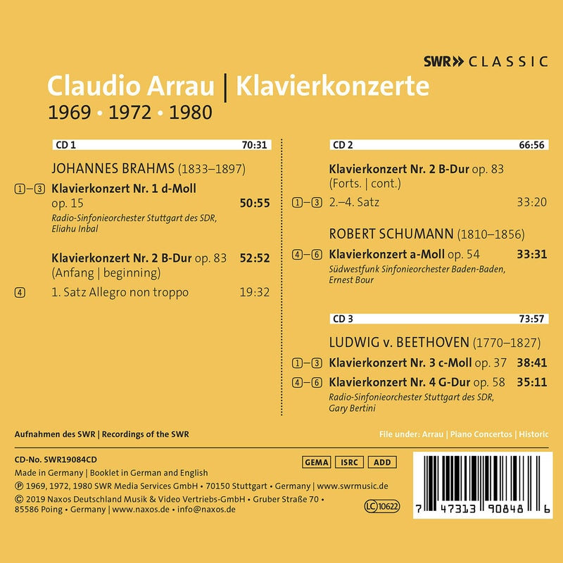 Brahms, Schumann & Beethoven: Piano Concertos / Arrau