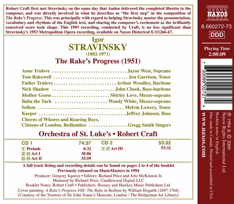 Stravinsky: The Rake's Progress / West, Garrison, Cheek, Craft, Orchestra Of St. Luke's
