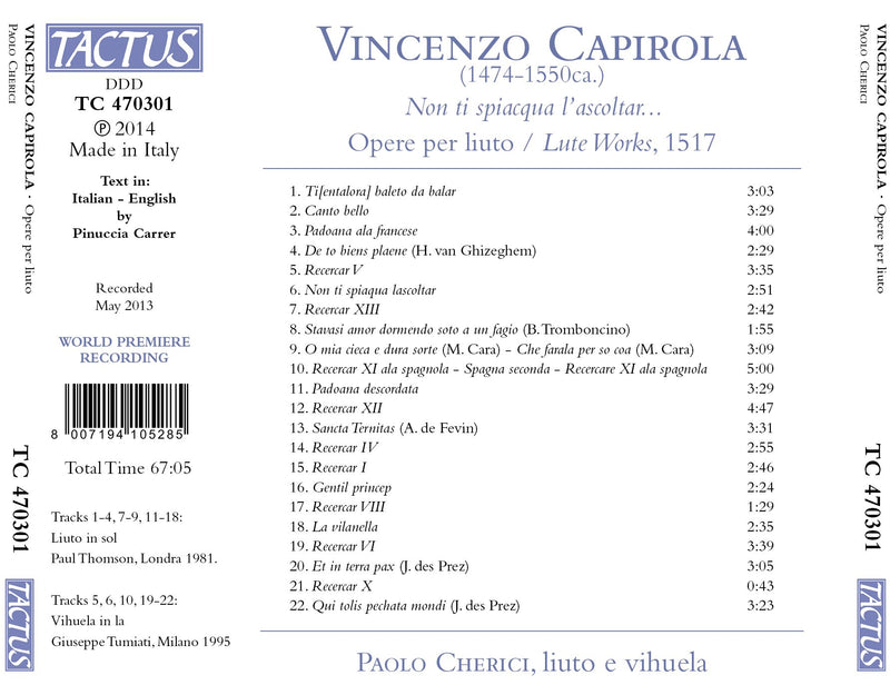 Capirola: Non ti spiacqua l'ascoltar - Lute Works 1517 / Paolo Cherici