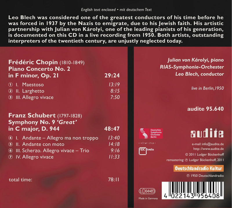 Chopin: Piano Concerto No 2; Schubert: Symphony No 9 / Karolyi, Blech