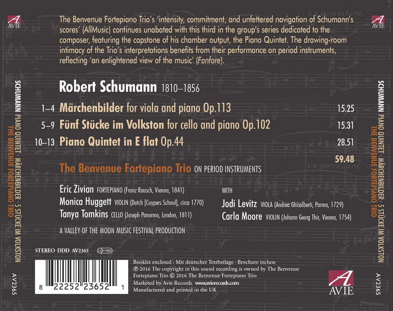 Schumann: Piano Quintet, Marchenbilder & 5 Stucke im Volkston / Levitz, Moore, Benvenue Fortepiano Trio