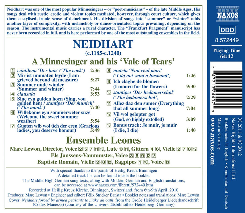 Neidhart: A Minnesinger And His Vale Of Tears / Ensemble Leones