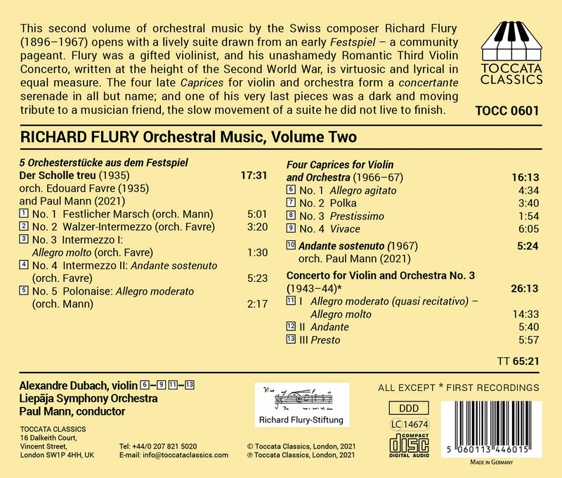 Richard Flury: Orchestral Music, Vol. 2 / Dubach, Mann, Liepaja Symphony Orchestra