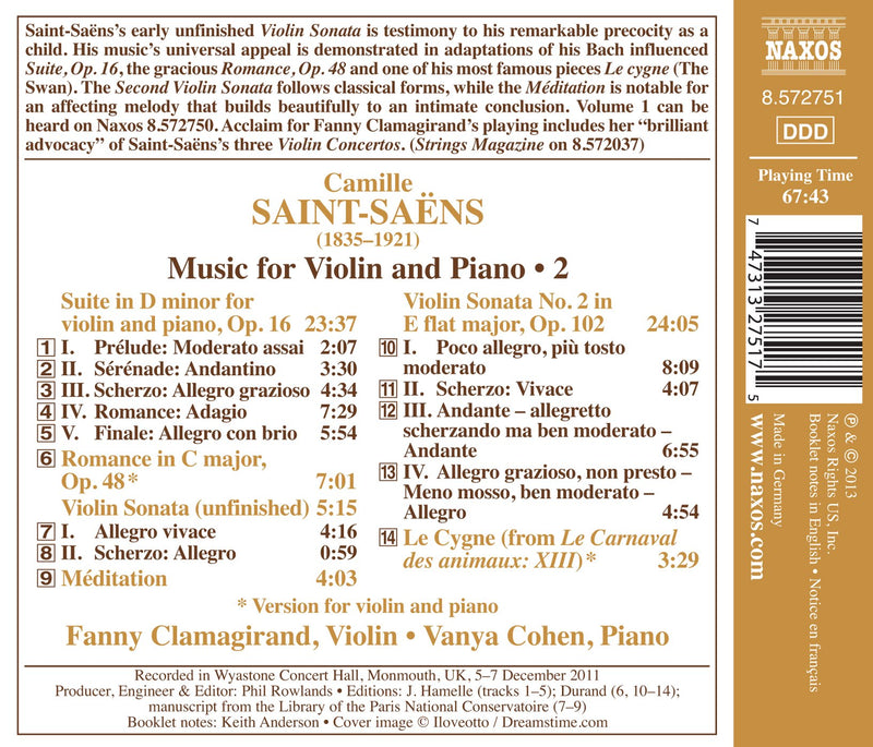 Saint-Saens: Violin Sonata No. 2; Suite In D Minor; The Swan / Clamagirand, Cohen
