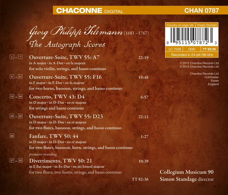 Telemann: The Autograph Scores / Standage, Collegium Musicum 90