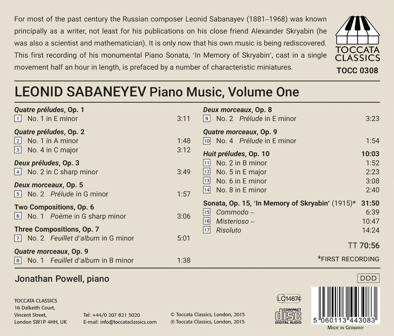 Sabaneyev: Piano Music, Vol. 1