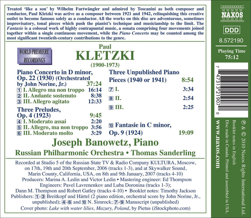 Kletzki: Piano Concerto, Three Preludes, Fantasie / Banowetz, Sanderling