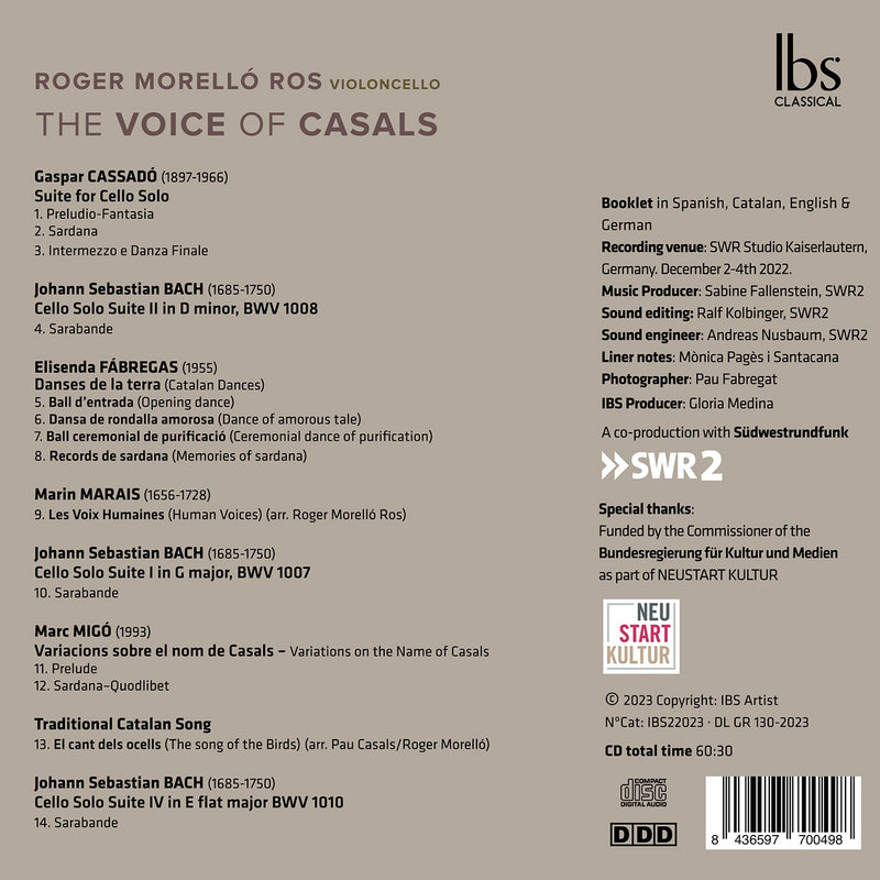 Bach, Cassadó, Fabregas, Marais & Migo: The Voice of Casals / Morelló Ros