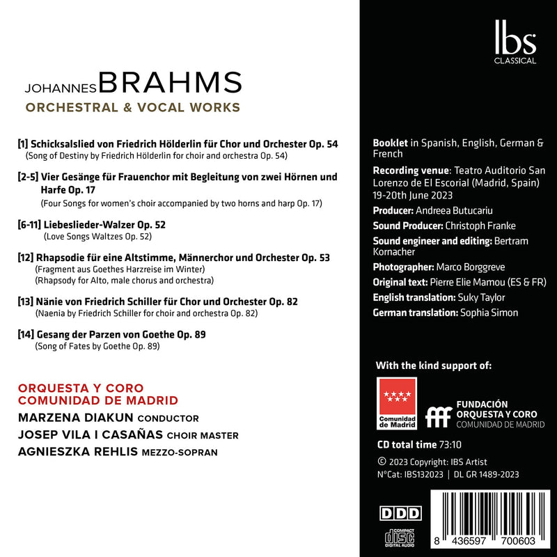Brahms: Orchestral & Vocal Works / Diakun, Orquesta Comunidad de Madrid