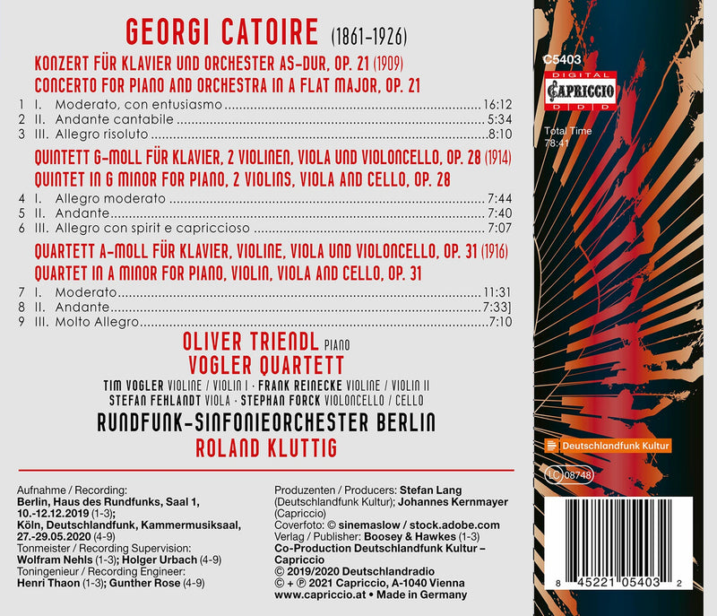 Catoire: Piano Concerto, Piano Quintet & Piano Quartet / Triendl, Vogler String Quartet, Berlin RSO