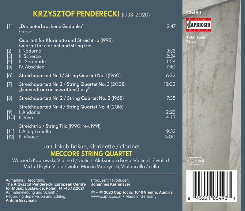 Penderecki: String Quartets; Clarinet Quartet; String Trio / Bokun, Meccore String Quartet