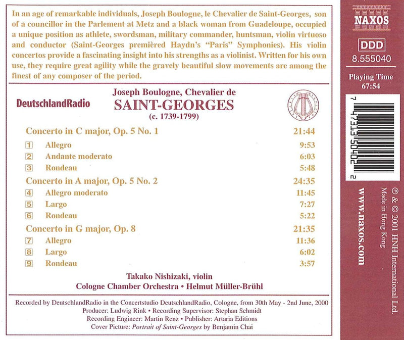 Saint-Georges: Violin Concertos, Opp. 5 & 8 / Nishizaki, Müller-Brühl, Cologne Chamber Orchestra