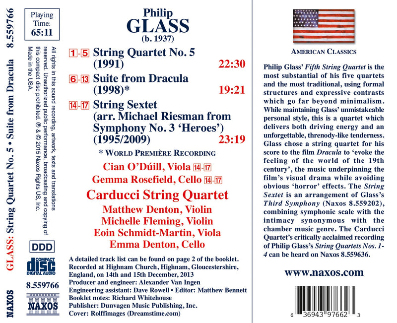 Glass: String Quartet No. 5; Suite from Dracula; String Sextet / Carducci Quartet