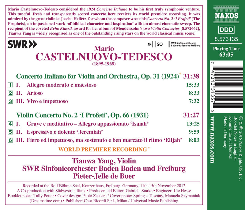 Castelnuovo-Tedesco: Music for Violin & Orchestra / Tianwa Yang, de Boer, SWR Sinfonieorchester Baden-Baden und Freiburg