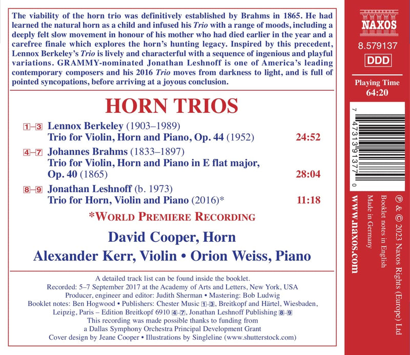 Berkeley, Brahms & Leshnoff: Horn Trios / Cooper, Kerr, Weiss