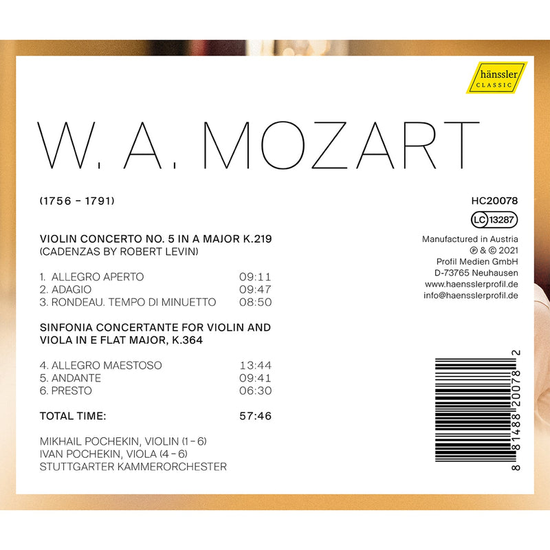 Mozart:  Sinfonia Concertante - Violin Concerto No. 5, "Turkish" / I. Pochekin, M. Pochekin, Stuttgarter Kammerorchester