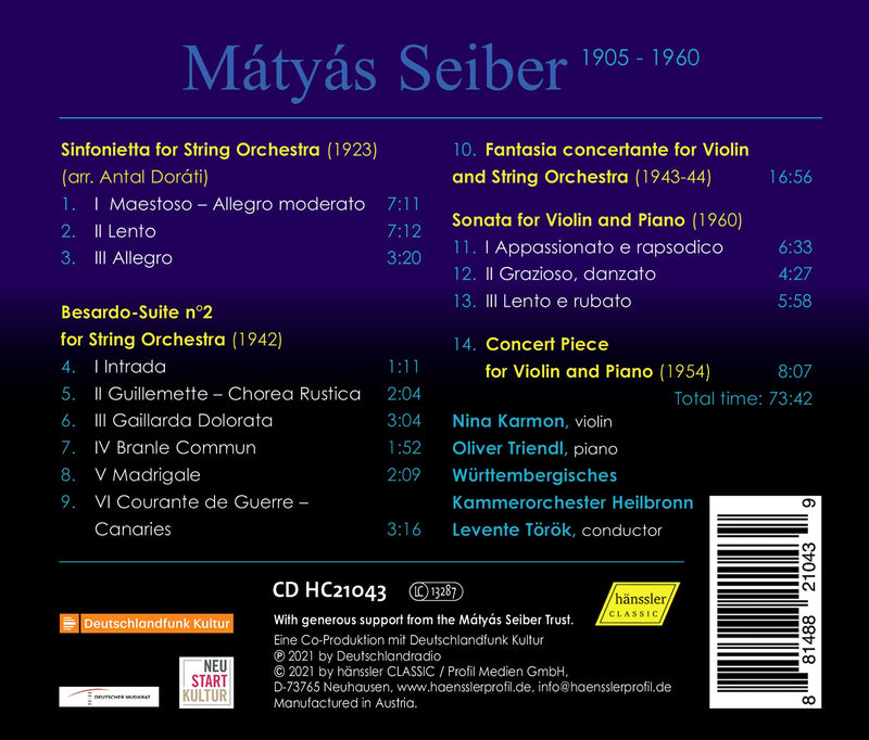 Seiber: Orchestral Works - Works for Violin & Piano