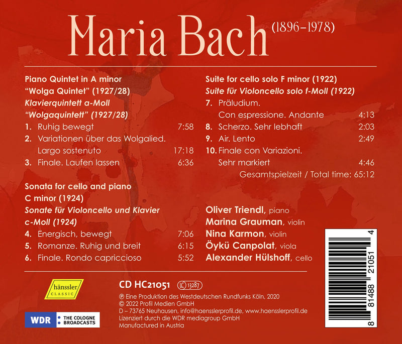 Maria Bach: Piano Quintet & Cello Music / Hülshoff, Canpolat, Karmon, Triendl, Grauman