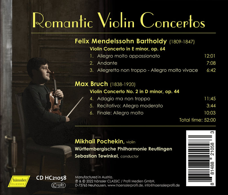 Felix Mendelssohn & Bruch: Romantic Violin Concertos / Pochekin, Tewinkel, Württemberg Philharmonic Reutlingen