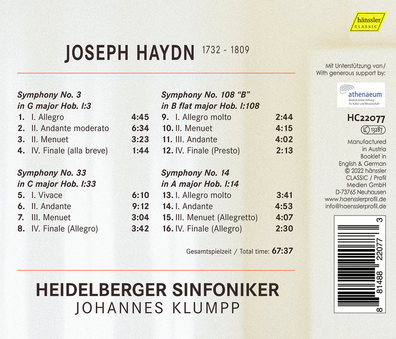 Haydn 27 - Symphonies Nos. 3, 33, 108, & 14 / Klumpp, Heidelberger Symphoniker