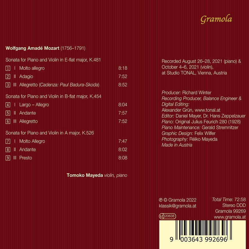 Mozart: The Late Viennese Violin Sonatas K. 454, 481 & 526 / Mayeda