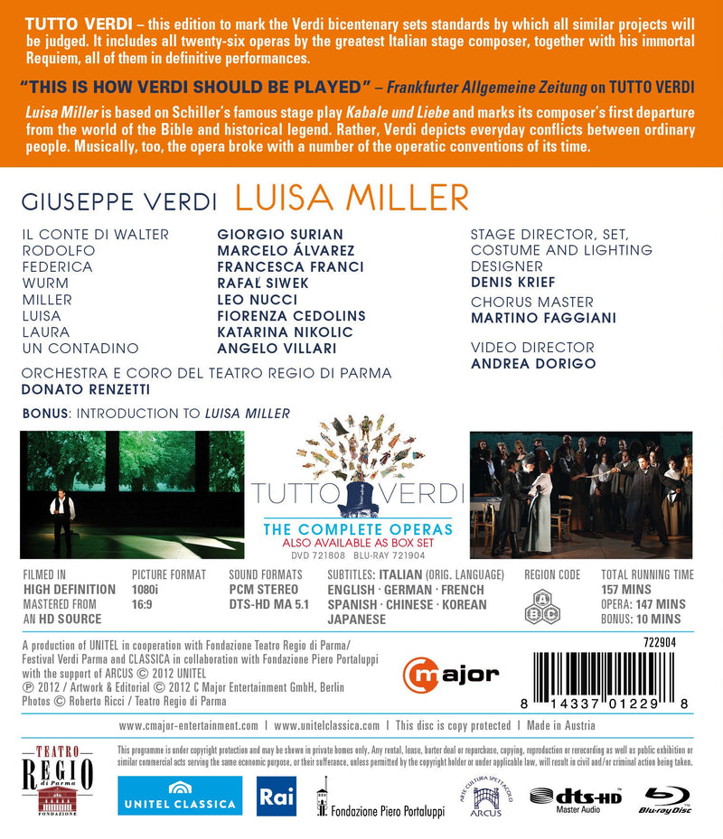 Verdi: Luisa Miller / Renzetti, Surian, Franci, Alvarez, Cedolins  [blu-ray]