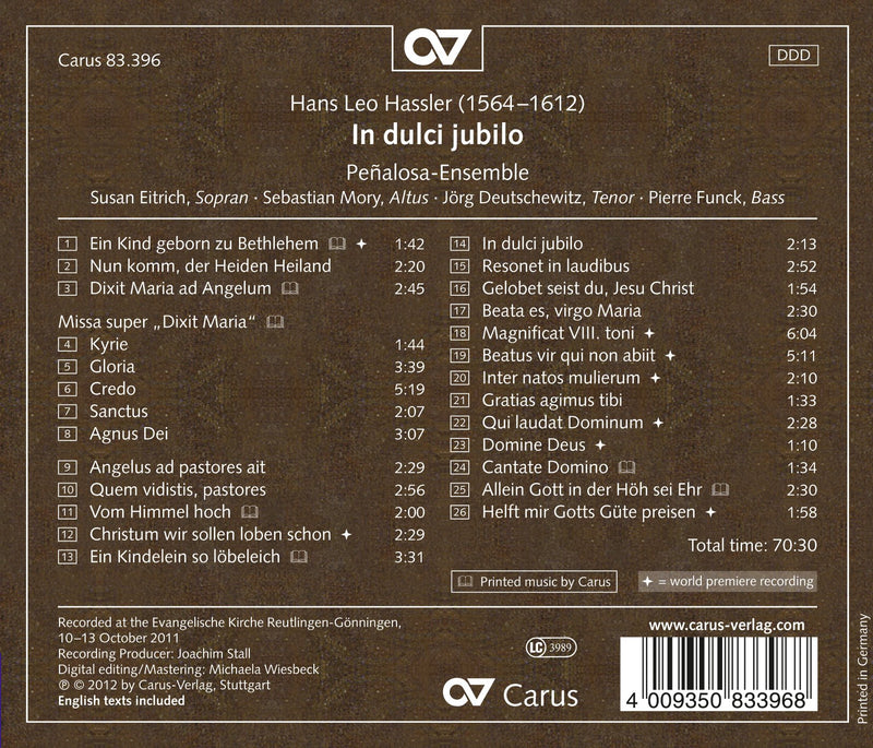 Hassler: In Dulci Jubilo - Choral Music For Advent And Christmas / Penalosa Ensemble