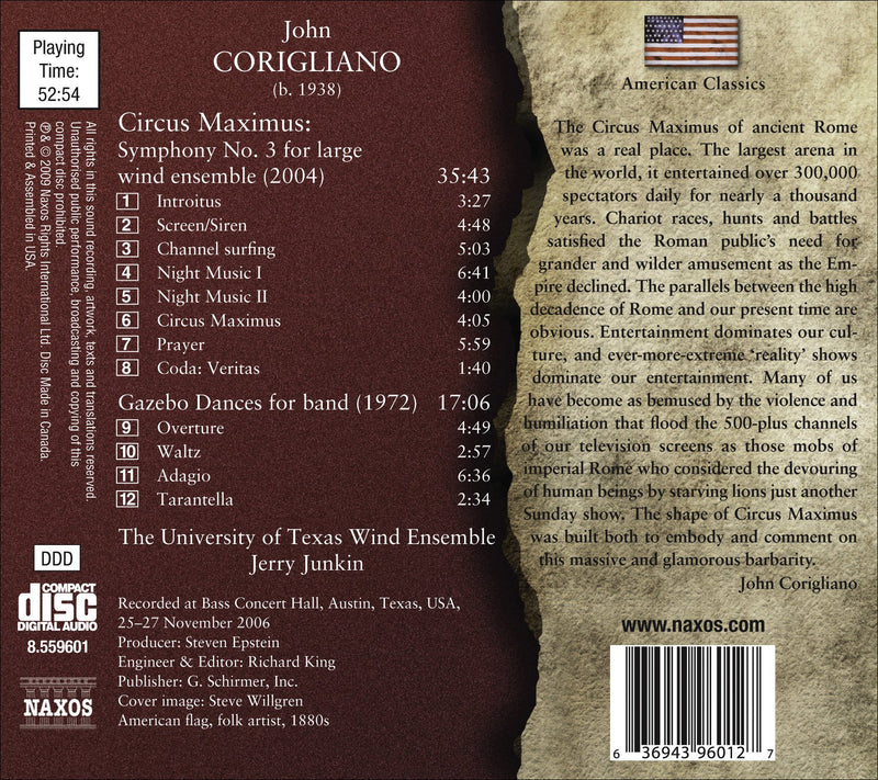 Corigliano: Circus Maximus, Gazebo Dances / Junkin, U Of Texas Wind Ensemble