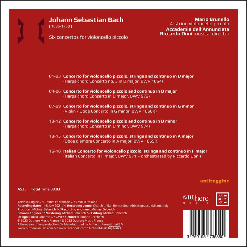 Bach Transcriptions - Six Concertos for Violoncello Piccolo / Brunello, Doni, Accademia dell'Annunciata