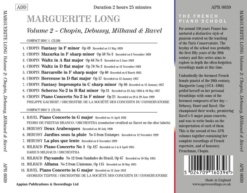 Marguerite Long, Vol. 2 - Chopin, Debussy, Milhaud & Ravel